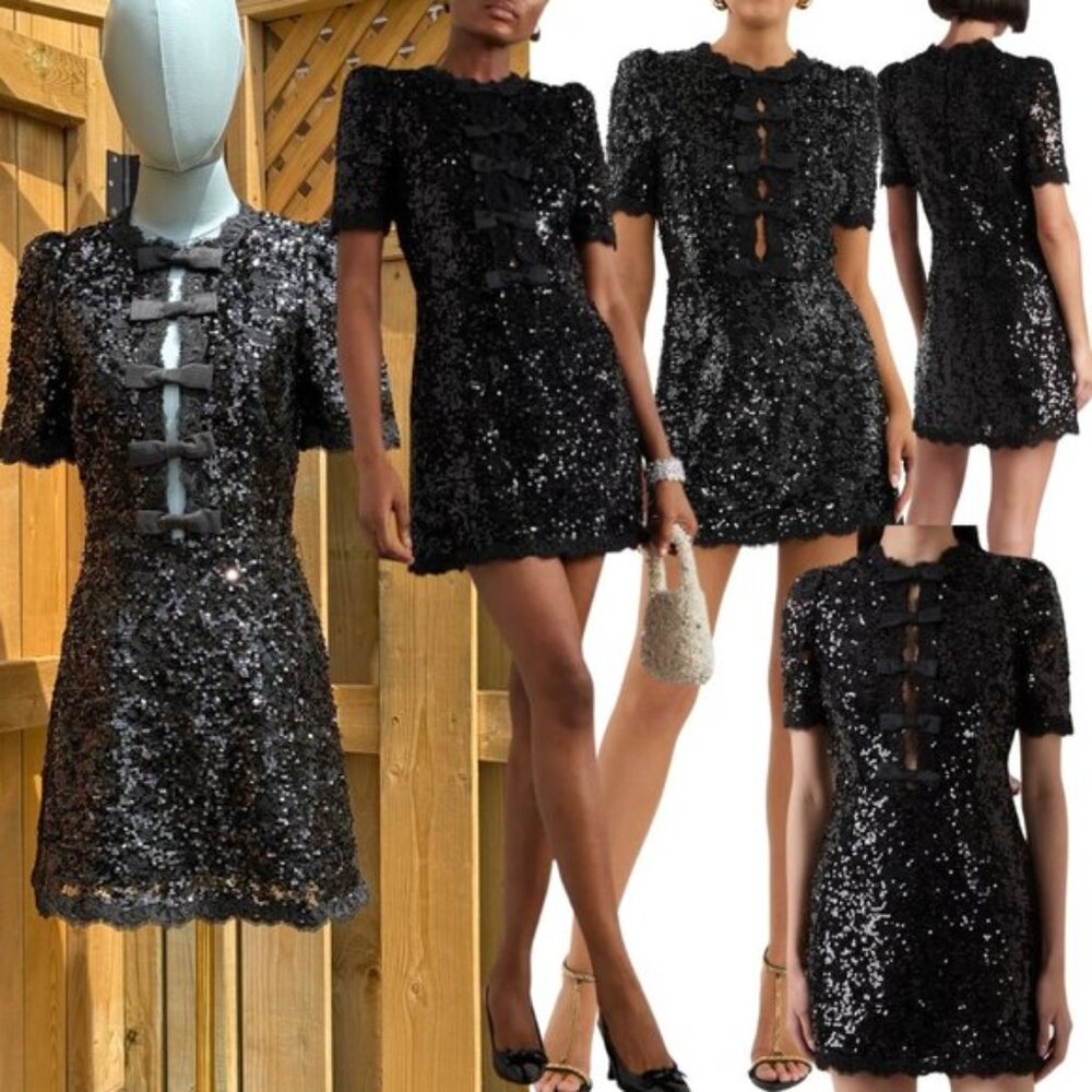 🆕 REBECCA VALLANCE 🧿 NWOT x Nicky Hilton Diana Black Bow Sequin Mini, Sz US 2